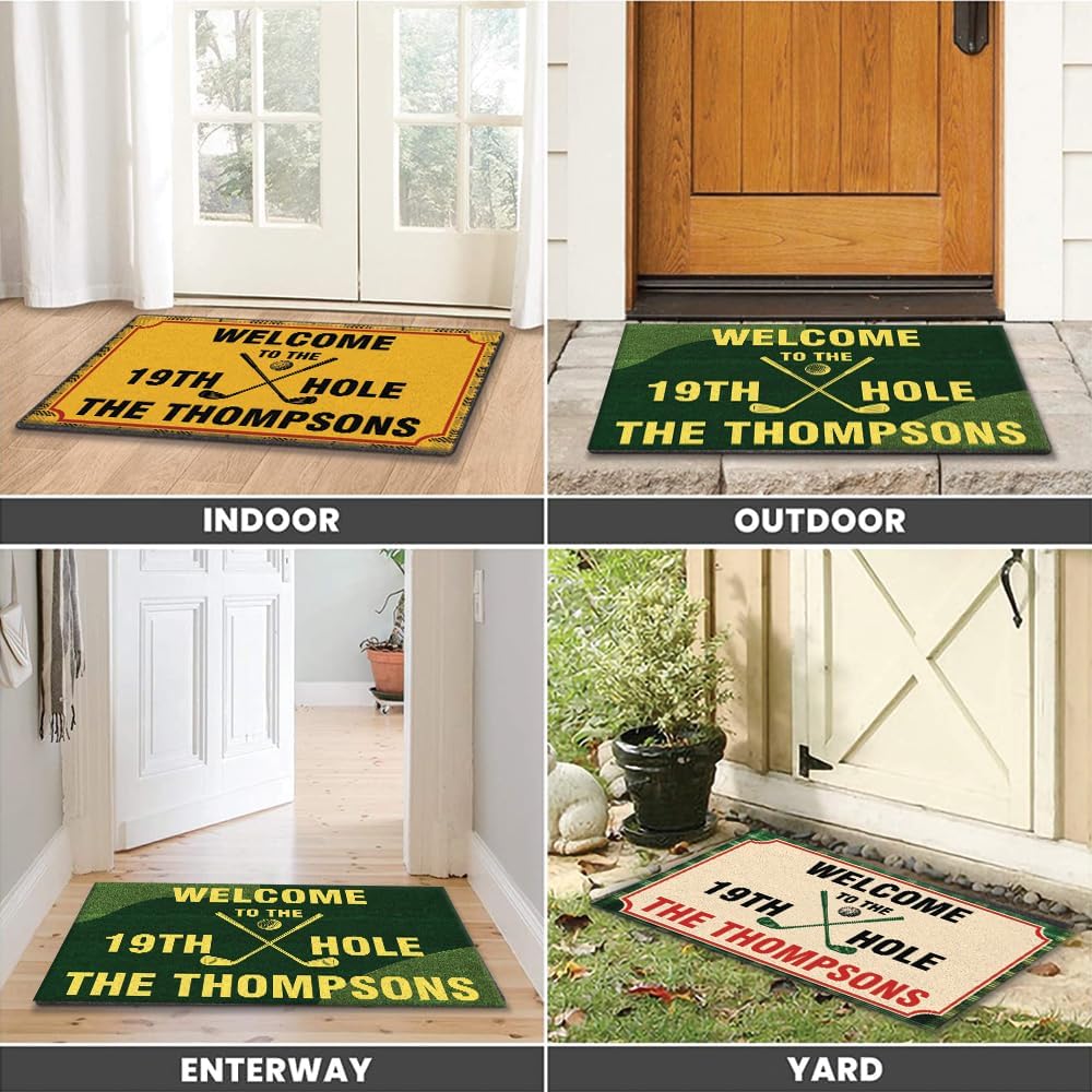Welcome to The 19th Hole Personalized Golf Doormat – Custom Family Name Mat with Golf Clubs & Green Turf Design – Funny Non Slip Outdoor Entry Rug for Porch, Man Cave, or Home Bar Décor