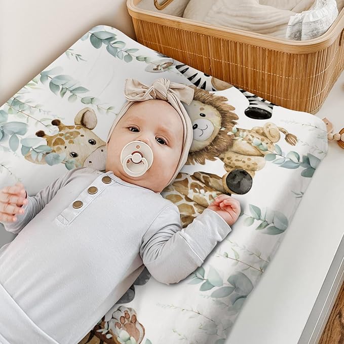 HawSkgFub African Safari Jungle Animals Eucalyptus Leaf Changing Pad Cover Baby Girl Boy, Giraffe Elephant Leopard Lion Zebra Diaper Change Table Sheet Soft Stretchy Safe Snug Fitted Fit 32"/34" x 16"