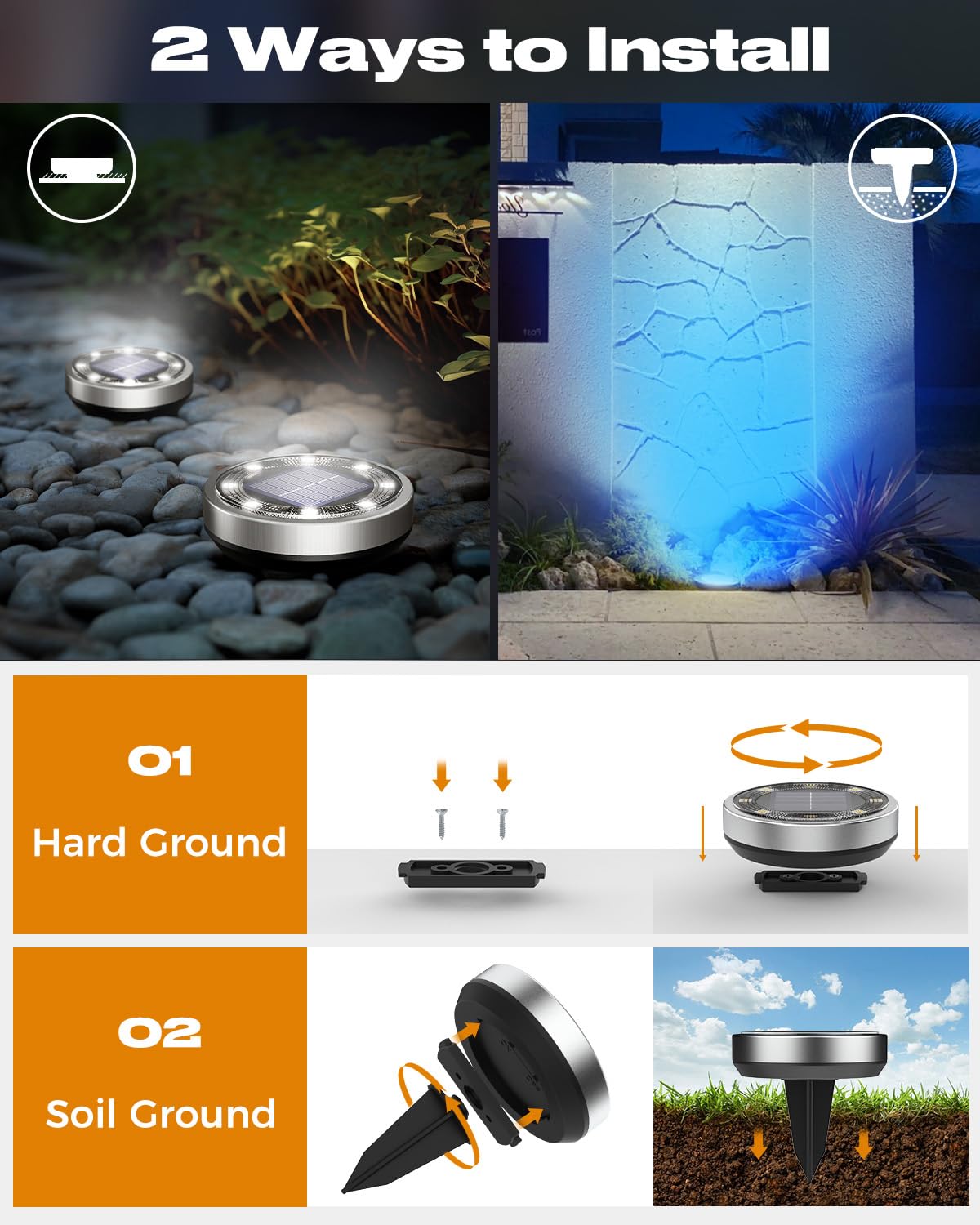 btfarm Solar Ground Lights, 24 Pack, 8 LED, IP65 Waterproof, Plastic, Red+Blue+Cool White, Model DC-CD915