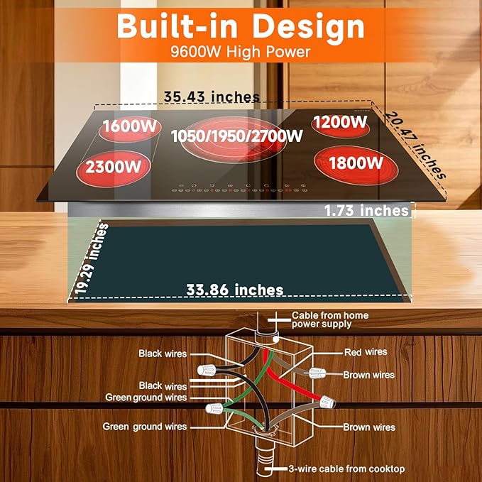 Noxton 36 Inch Electric Cooktop 5 Burners, 9600W Built-in Electric Stove Top, Flexible Bridge & Triple Elements, Pause, Timer, Child Safety Lock,Touch Control Ceramic Cooktop for 220-240V Hard Wire