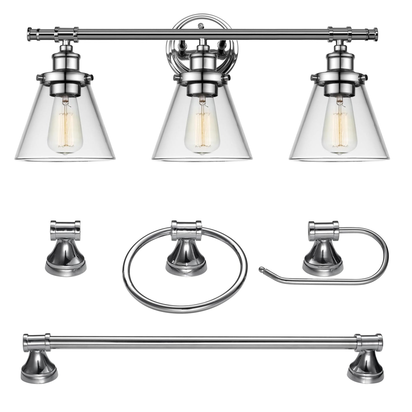 Globe Electric 51234 5-Piece All-In-One Bathroom Set  Chrome  23 3-Light Vanity Wall Light With Clear Glass Shades  Towel Bar And Ring  Robe Hook  Toilet Paper Holder  Beauty Room Accessories