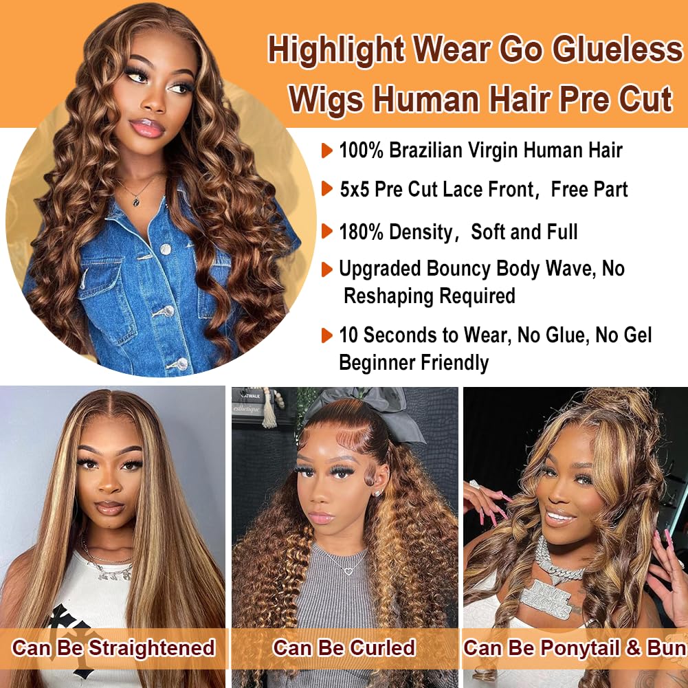 Highlight Ombre 5x5 Pre Plucked Pre Cut Lace Front Wigs Human Hair 4/27 Colored Bouncy Body Wave Lace Frontal Wig Honey Blonde O