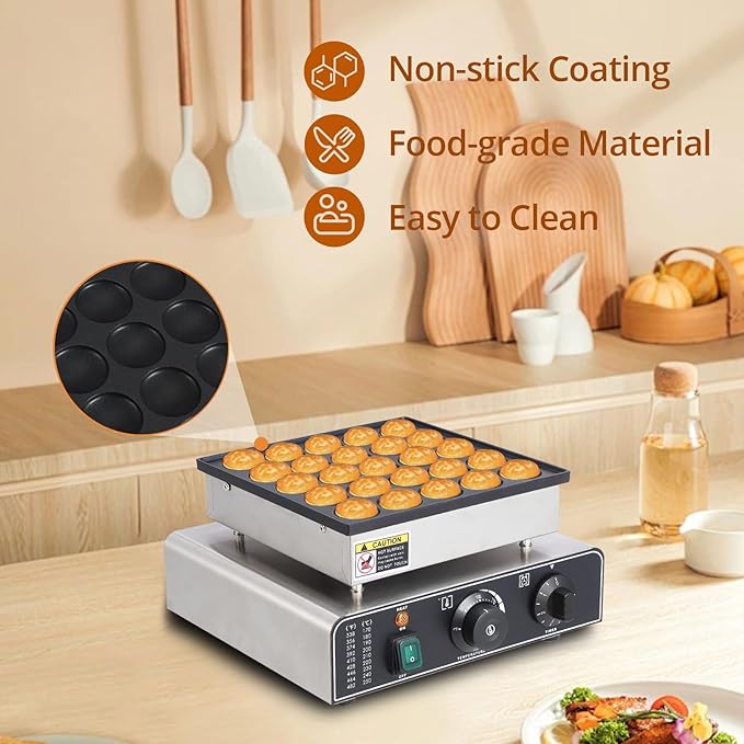 25 Hole and 25 Heart Waffle Maker, Commercial Electric Nonstick Mini Muffin Maker with 50-300℃ Separate Control, 1.8" Diameter Mini Dutch Pancake Maker for Snacks, Desserts