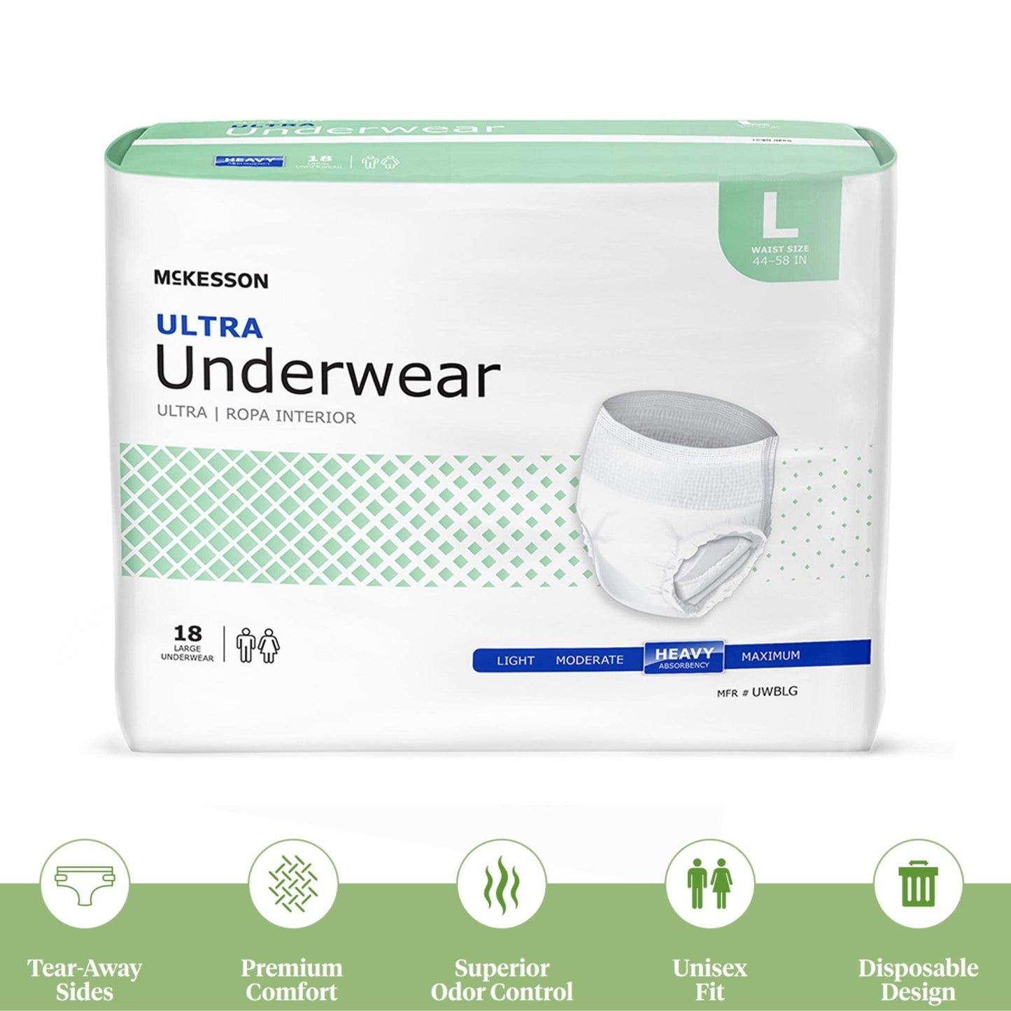 McKesson Ultra Adult Incontinence Underwear, [72 Count], Heavy Absorbency, Large, 44-58 in. Unisex Bladder Leak Protection, Pull-On Style with Tear-Away Sides, Postpartum and Incontinence Support