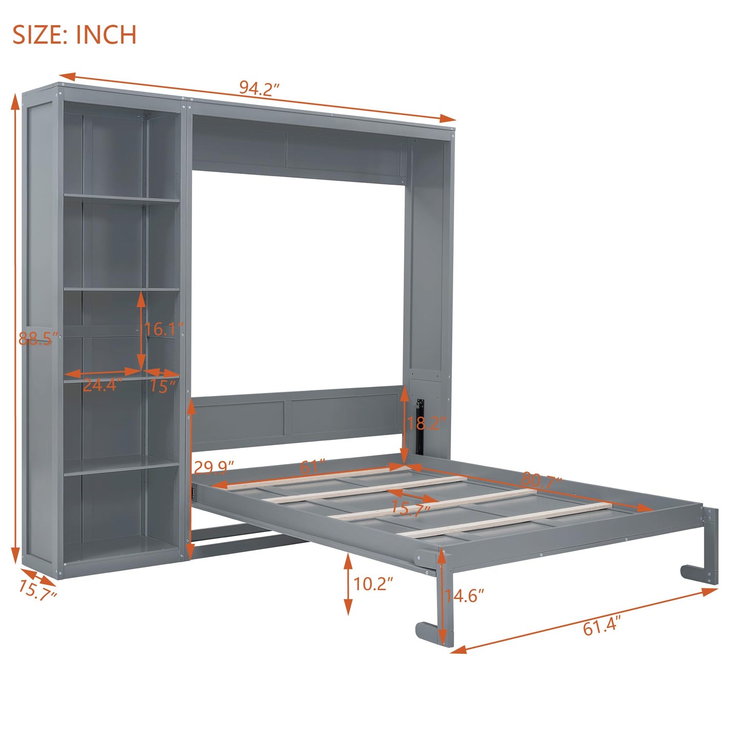 PacknWood Acosure Queen Size Murphy Five-Layer Cabinet,Bedroom Solid Wood Storage Hidden Wall Beds Frame W/Dual Piston Metal Folding Mechanism Designed,for Home Office,Study,Guest Room,Gray
