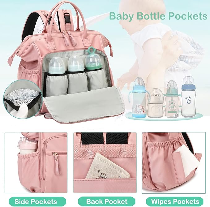 Convertible Diaper Bag Tote, Wide Open Top 14 Pockets Stylish Baby Diaper Bag with Stroller Buckle, Water-resistant (Pink, Large)
