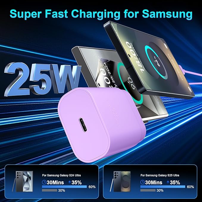Super Fast Charger Type C, 25W USB C Wall Charger Fast Charging for Samsung Galaxy S25 Ultra/S25/S25+/S24+/S24 Ultra/S24/S24+/S23 Ultra/S22 Ultra/S21 Ultra with 6FT Long Type C Charger Cable 2Pack