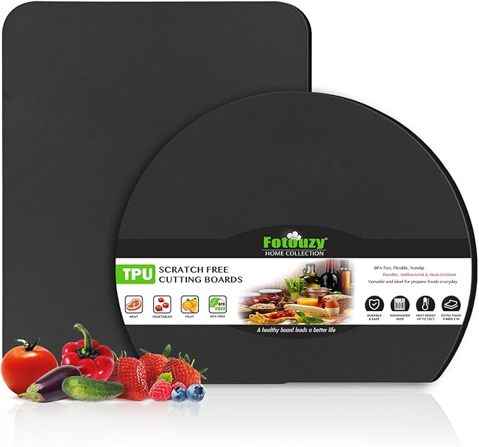 Fotouzy Silicone TPU Flexible Cutting Boards for Kitchen, Thick Rubber Cutting Board Mats, Black Cutting Mats for Kitchen Dishwasher Safe, BPA Free