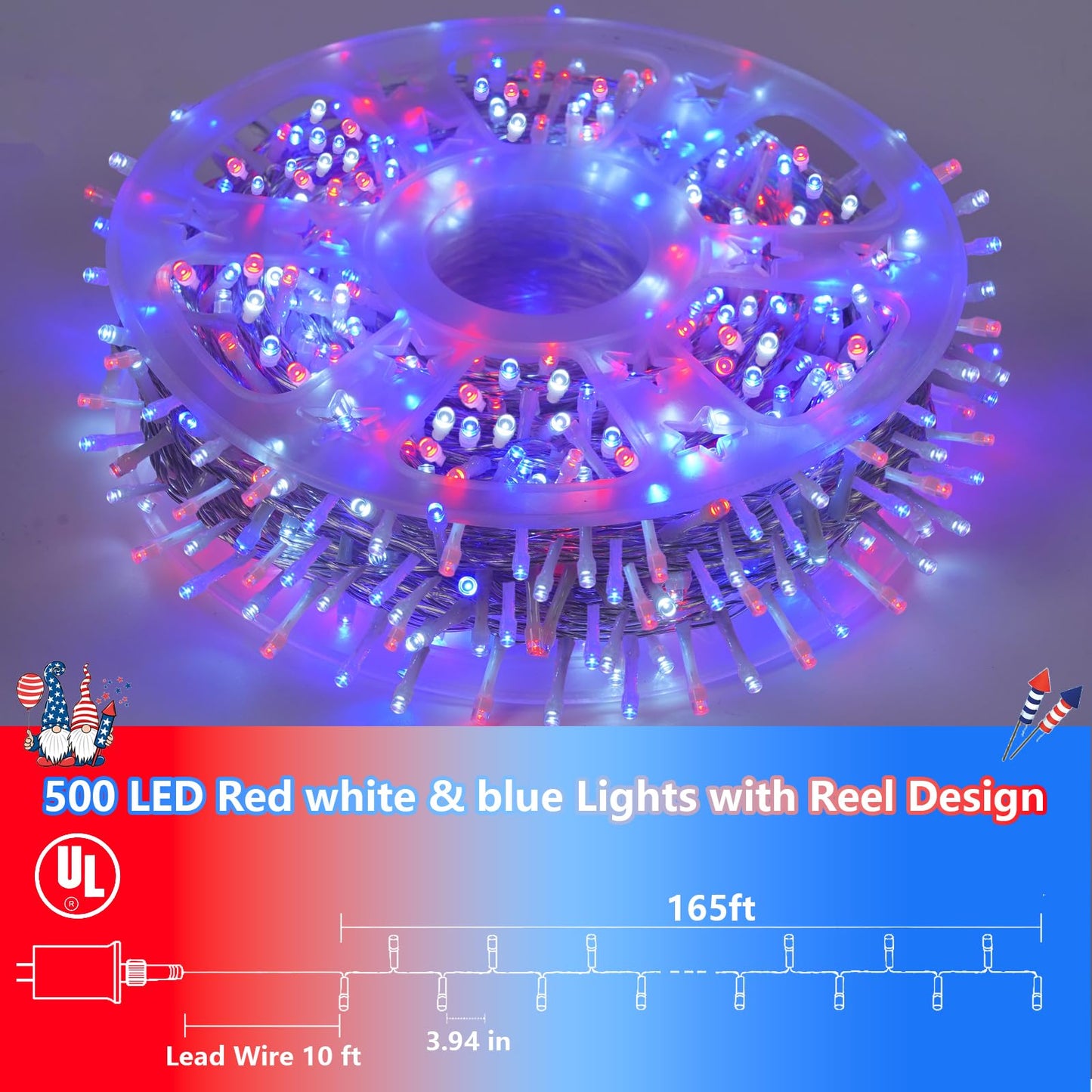 Yeguo 165Ft 500 Led Red White And Blue Lights  4Th Of July Decorations String Lights Plug In Indoor Outdoor  8 Modes Clear Wire Patriotic Light For Independence Day Holiday Memorial Day Party Decor