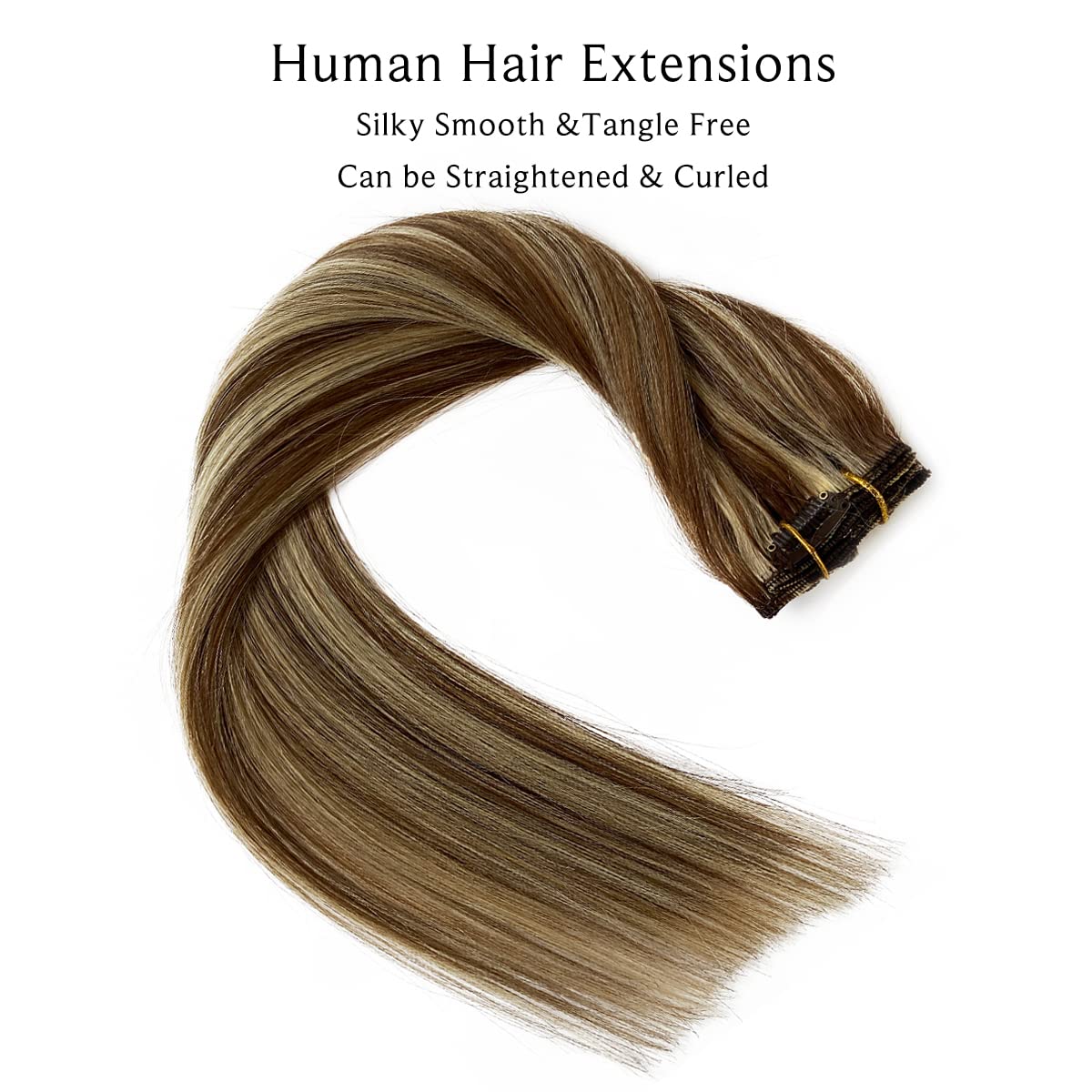 Ubetta Hair Extensions Clip in Human Hair, Chestnut Brown and Blonde Highlights, 22 Inch, 7 Pcs Double Weft Remy Human Hair Exte