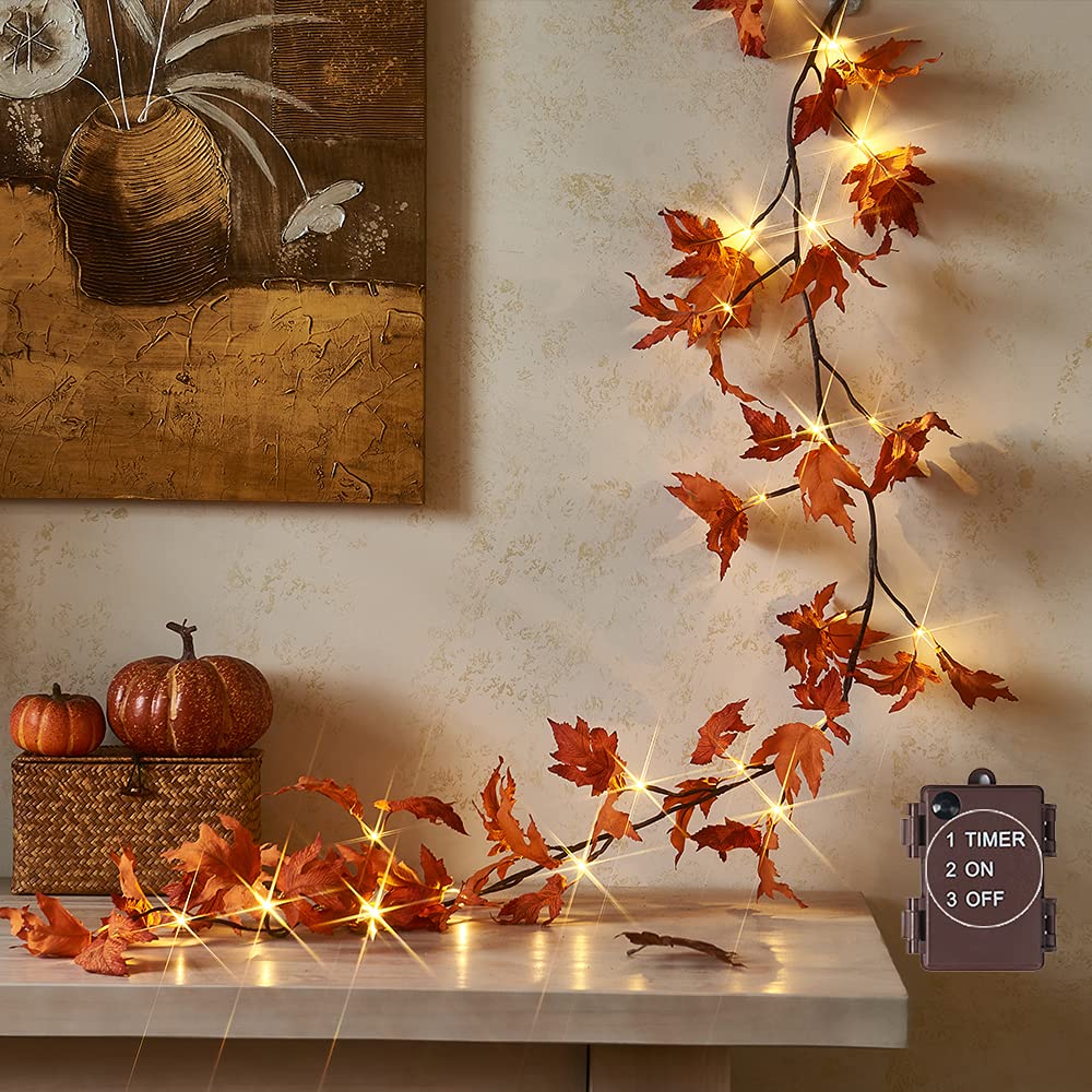 Hairui Lighted Maple Leaf Garland - 6Ft, 24 Warm White Leds, Battery Operated, Orange Maple - Perfect For Thanksgiving And Christmas Decor