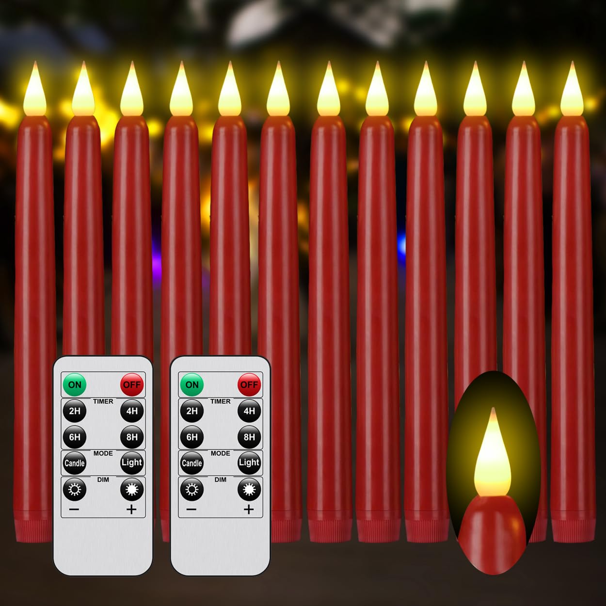 Flameless Taper Candles with Remote Control and Timer, Battery Operated LED Candlesticks with Flickering 3D Flame, 9.6×0.8 Inches Plastic Tall Candles for Christmas, Wedding and Home Decor (Red, 12)