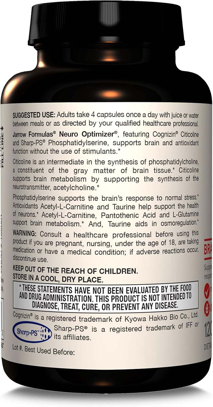 Jarrow Formulas Neuro Optimizer with 7 Neuro-Nutrient Ingredients, Dietary Supplement for Brain Health and Antioxidant Support, 120 Capsules, 30 Day Supply, Pack of 12