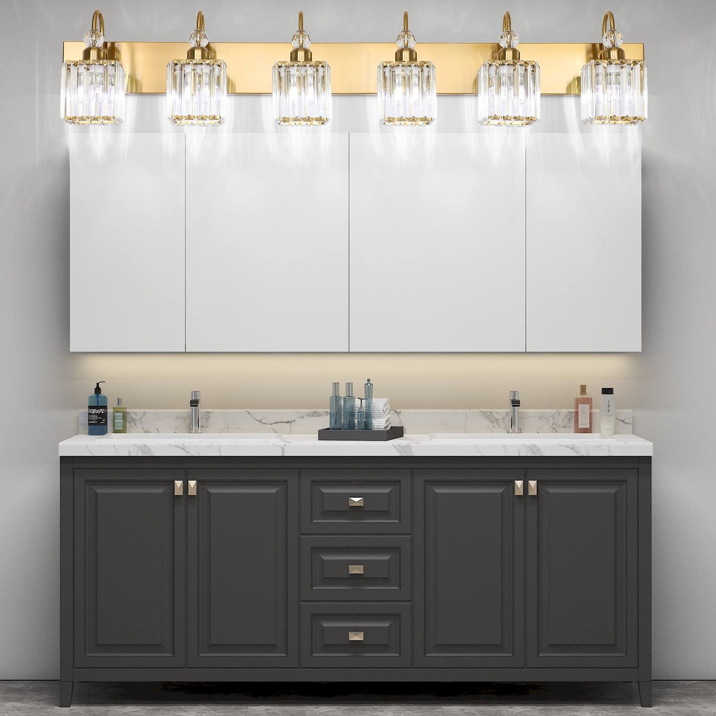 Ralbay Modern Gold Vanity Lights - 6-Light Gold Crystal Bathroom Vanity Lights Over Long Mirror
