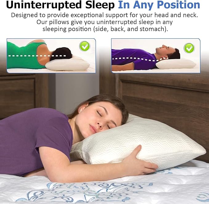 Queen Size Rayon Derived from Bamboo Pillows for Sleeping, Cooling Shredded Memory Foam Pillow Sets for Back, Side, Stomach Sleepers, Adjustable, Removable Cover, Queen (Pack of 1)