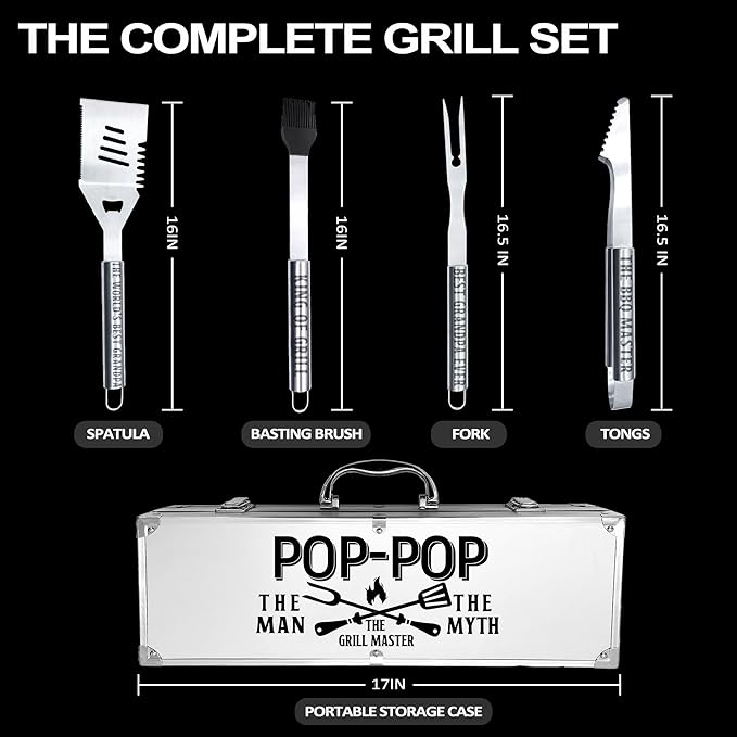 Pop Pop Gifts, Christmas Popop Gifts from Grandkids Heavy Duty Grilling Accessories Kit for Backyard BBQ, Thick Stainless Steel Grill Utensils with Non-Slip Handle Tool Grilling Gift for Man