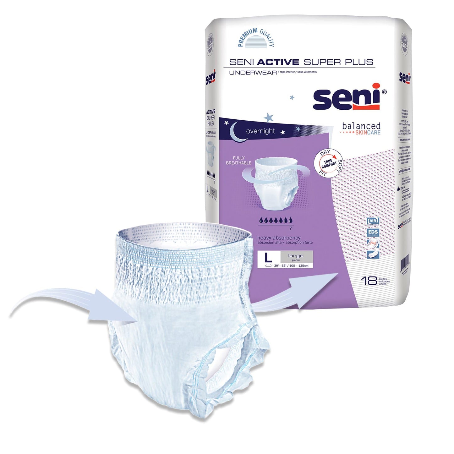 Seni Active Super Plus Unisex Adult Incontinence Underwear, Size Large (39"-53"), 18 Count (1 Pack of 18), Heavy Absorbency, Pull On Disposable Overnight Underwear for Men & Women