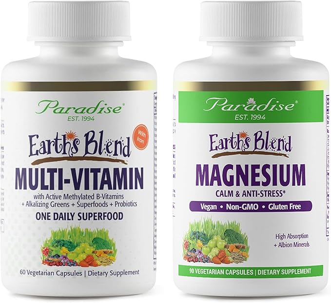 Paradise Herbs Earth's Blend Women's Once Daily Multivitamin with Iron 60 Capsules & Earth's Blend Magnesium, 90 Capsules Bundle