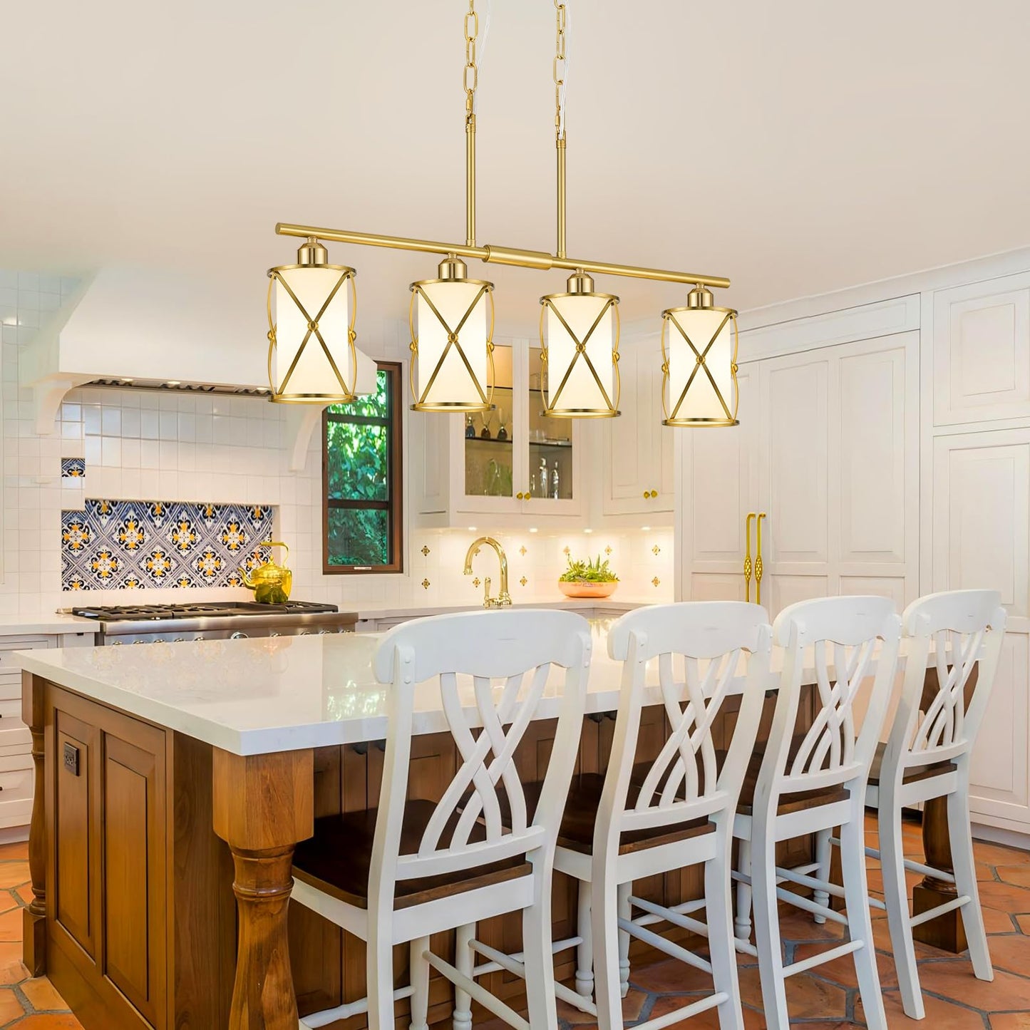 Osimir 4-Light Linear Kitchen Island Light Fixture, Brushed Gold with Milk Glass, Model CH9176BGW-4IS