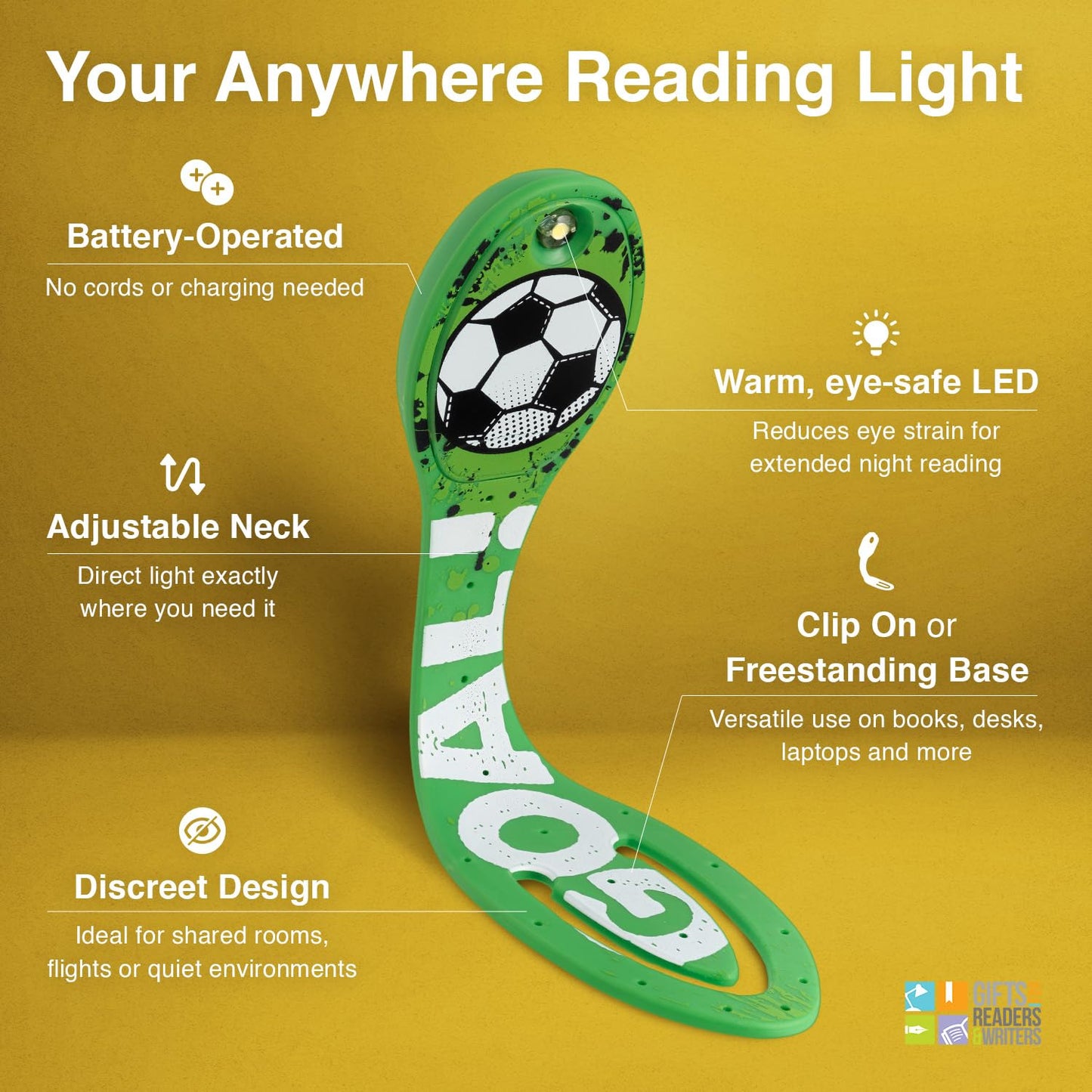 Gifts for Readers & Writers Flexilight Reading Light | LED Clip On Lamp | Battery Operated | Soccer