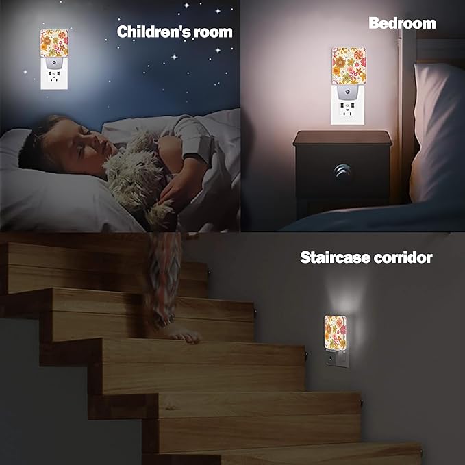Vintage Boho Floral Night Light Plug in Wall Lamp Smart Dusk to Dawn Sensor for Home Decorative, Kids Room Bedroom Bathroom Kitchen Hallway Gifts