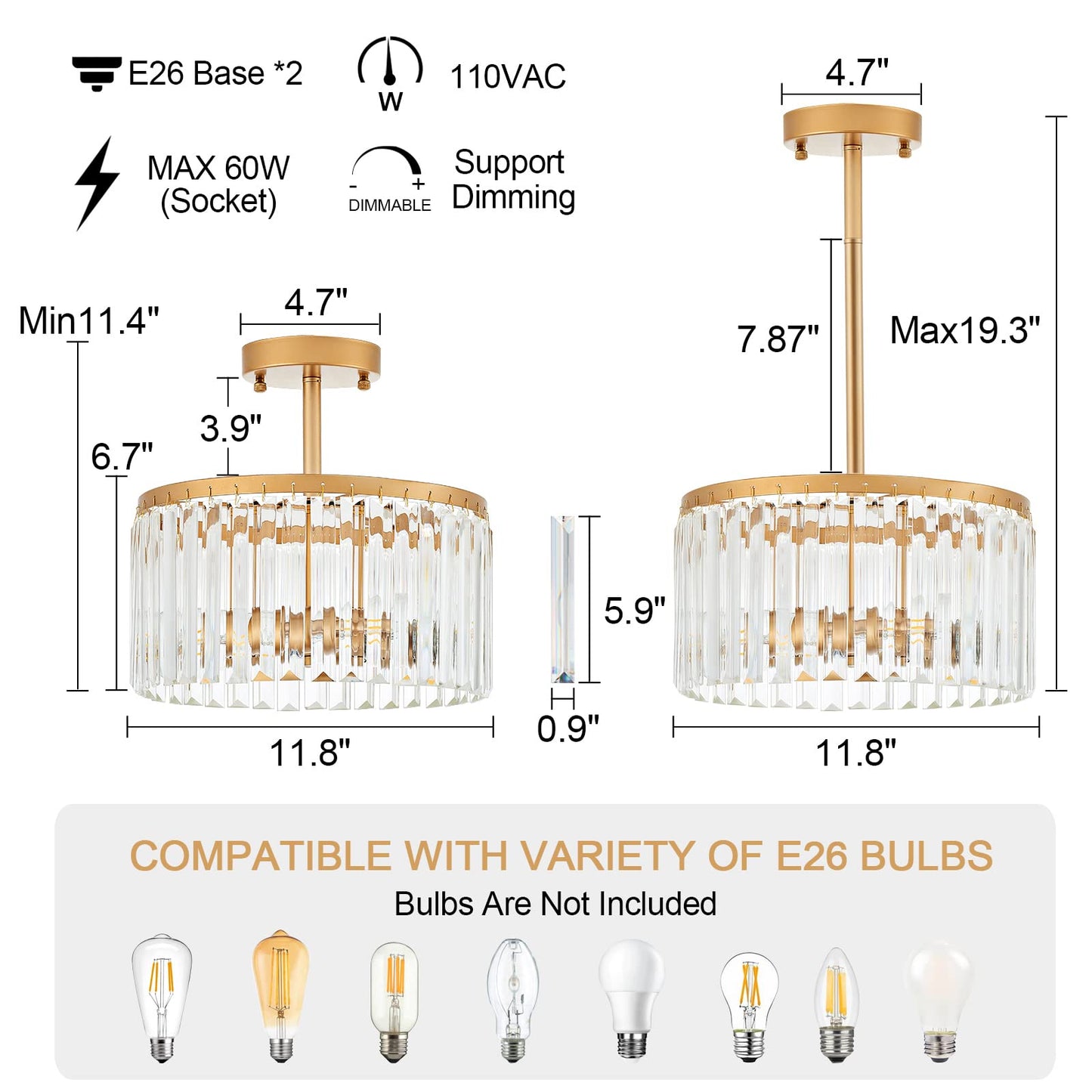 Lighceac 12 Gold Semi Flush Mount Crystal Ceiling Light Fixtures For Kitchen Modern Industrial 2-Light Small Chandeliers Lighting For Bedroom Entryway Hallway Living Dining Room Foyer