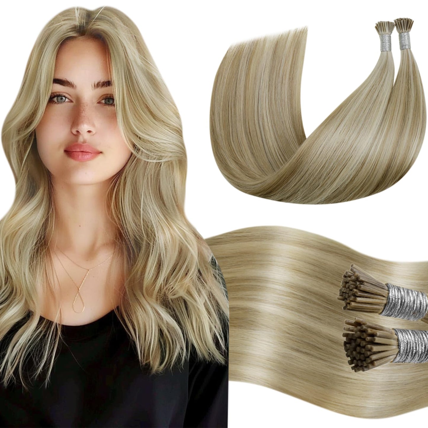 LaaVoo I Tips Hair Extensions Real Human Hair Blonde Itip Extensions Highlight Blonde I Tip Hair Extensions Human Hair Cold Fusi