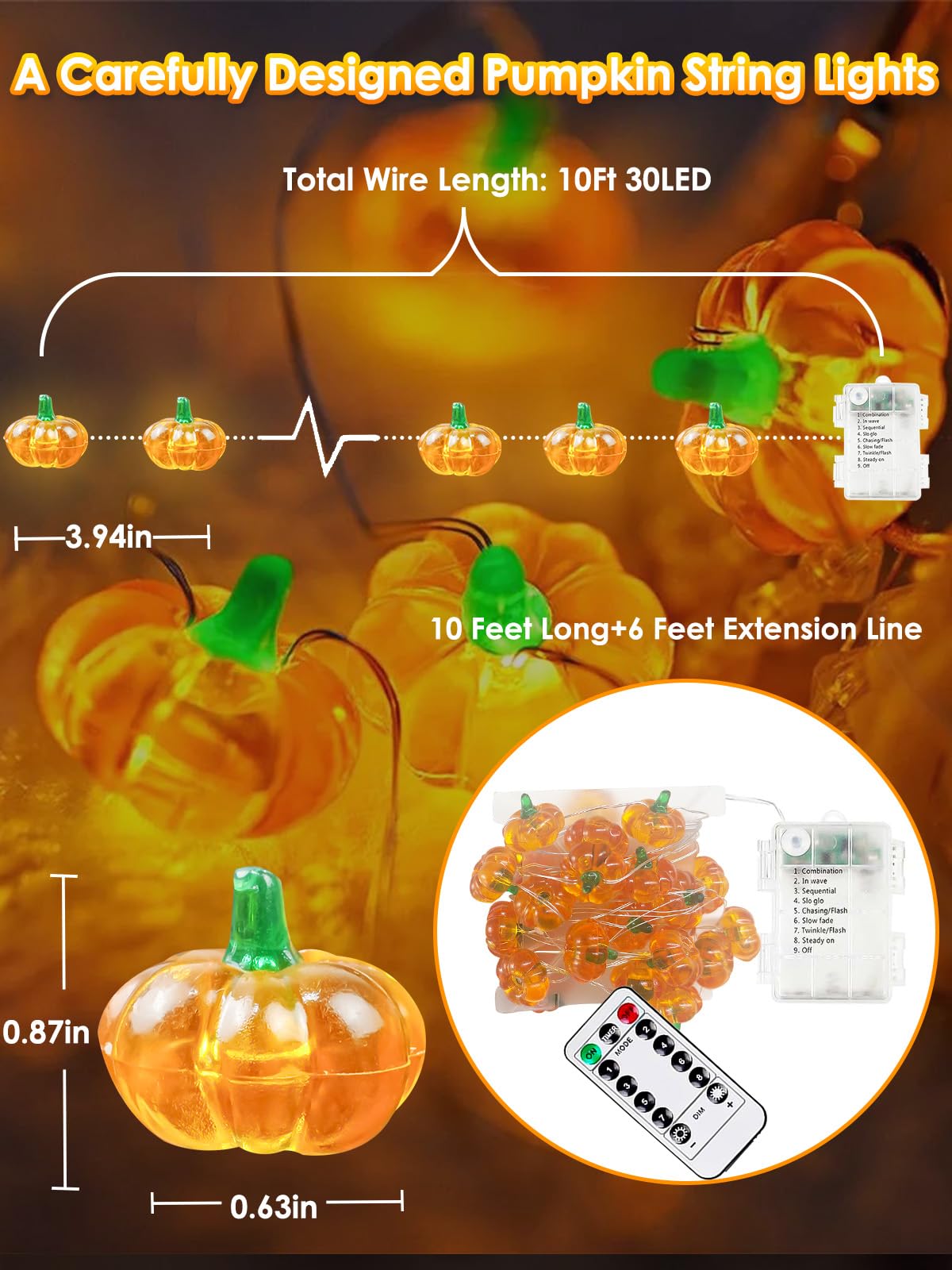 Fall Decorations 3D Pumpkin Fairy Lights Battery Operated With Remote  10Ft 30 Led Waterproof String Lights Outdoor Indoor With 8 Modes & Timer For Garland Harvest Party Thanksgiving Halloween Decor