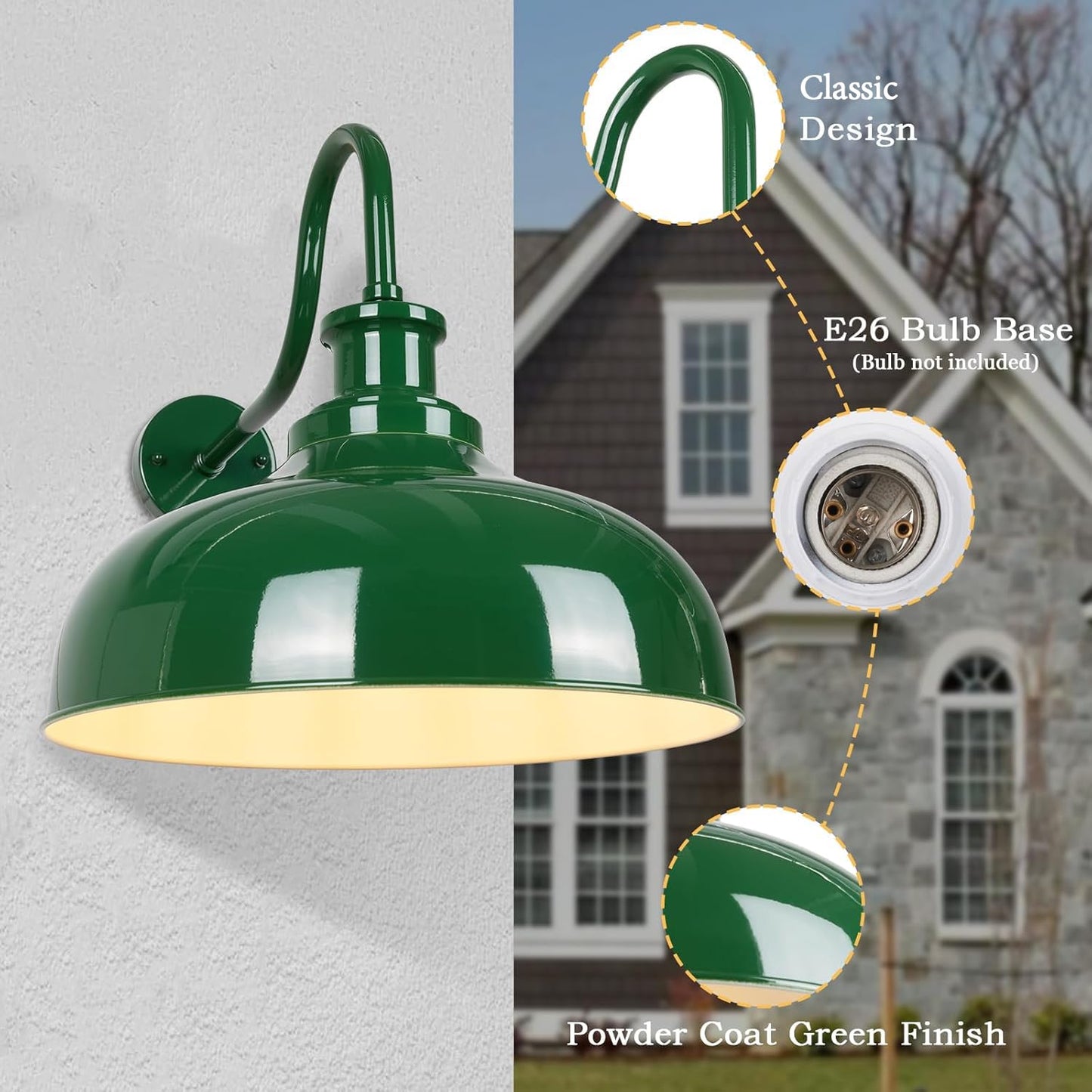 Diyel Outdoor Barn Lights  14 Inch Dome Rustic Outdoor Wall Sconces  Farmhouse Exterior Wall Mount Lighting Fixture  Industrial Green Wall Lantern For Porch  Entryway  Garage  Rz007M-2 Gr+Wh