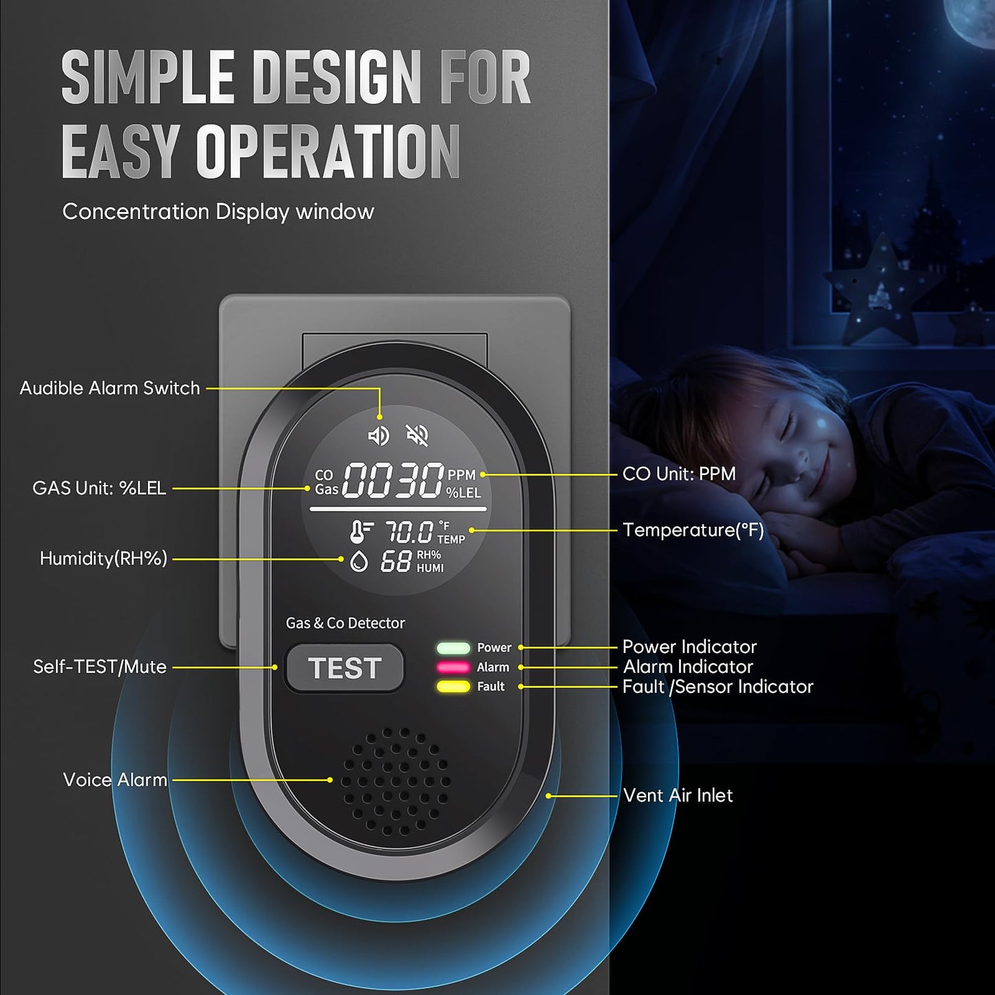 Portable Carbon Monoxide Detector 8-in-1, Carbon Monoxide Detectors Plug-in with HD Screen Natural Gas/Temp/Humidity, CO Monitor Alarm Sound Warning for Travel, Home, RV, Apartment Safety