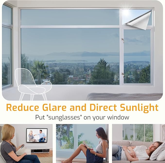 LUTE One Way Window Privacy Film, Window Tint for Home, Sun Blocking UV Heat Blocker, See Out Not in Reflective Mirror Film, Removable Static Cling Glass Door Coverings, Silver, 35.4" x 118.1"