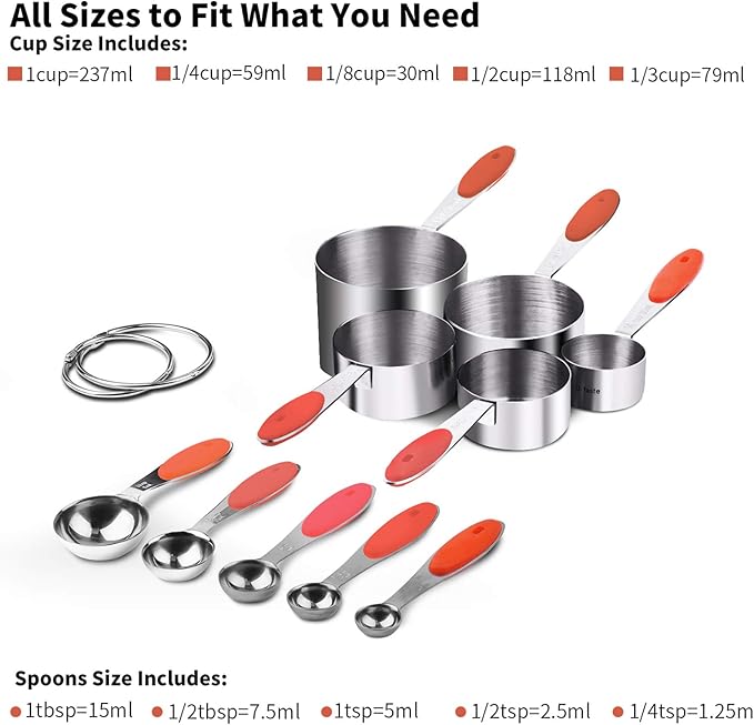 U-Taste 18/8 Stainless Steel Measuring Cups and Spoons Set and 600ºF High Heat-Resistant Kitchen Tong Set (Red)