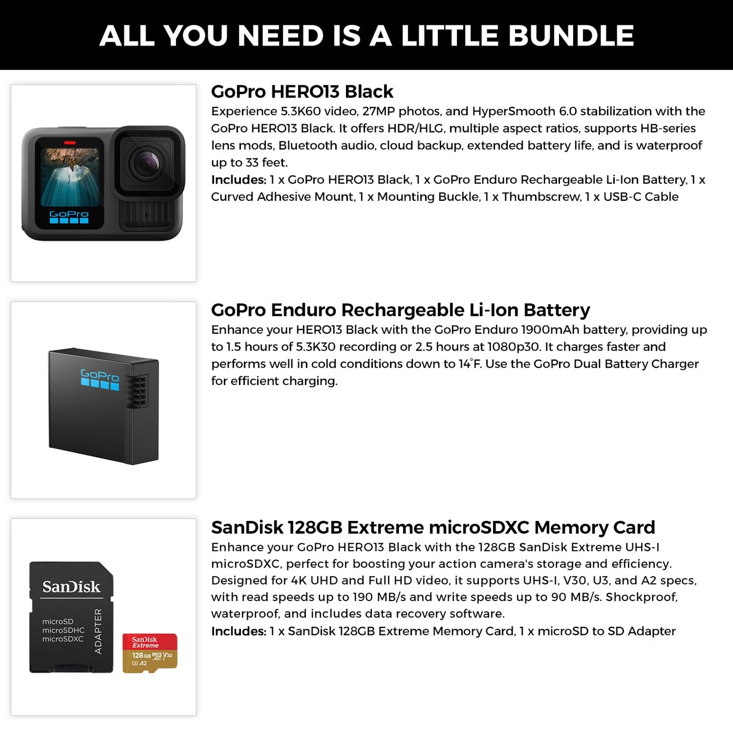 GoPro HERO13 Black Waterproof Action Camera | 27MP, 5.3K60 Ultra HD Video, Supports HB-Series Lenses with Extra Enduro 1900mAh Li-Ion Battery & 128GB Extreme microSDXC Memory Card Bundle Set