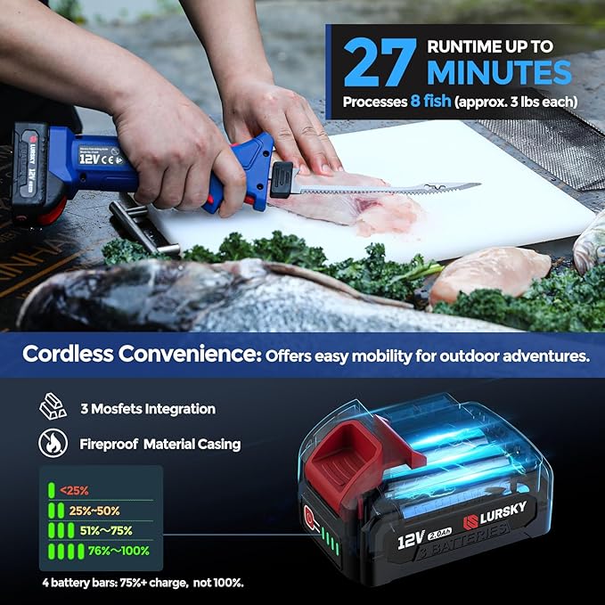 Electric Fillet Knife Cordless Rechargeable for Fishing, with Stainless Steel Blades, 12V High Torque Motor, 2.0Ah Battery, 12" Boning Tool, Includes Charger, Ideal for Filleting & Outdoor Use