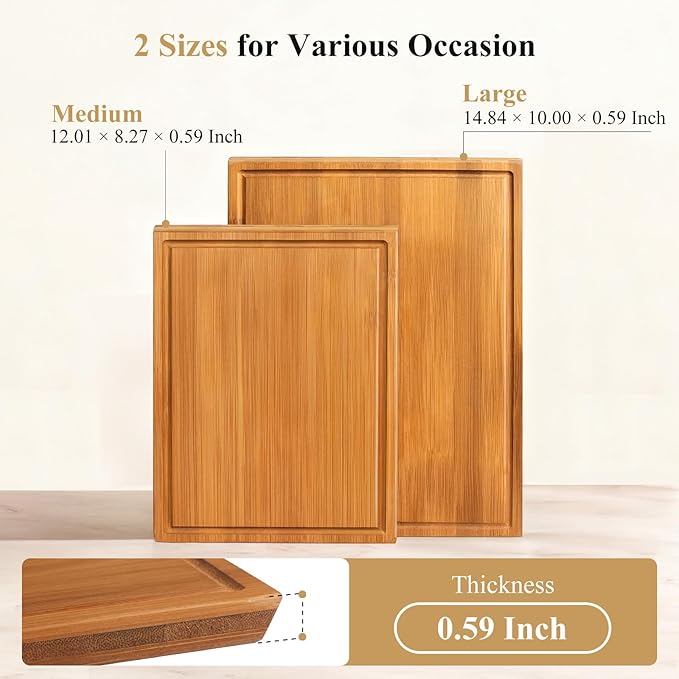 Bamboo Cutting Board Set, 2PCS Double-Sided Chopping Boards for Kitchen Meal Prep & Serving, Charcuterie, Juice Grooves & Side Handle, Ideal for Meat, Vegetables, Kitchen Essentials