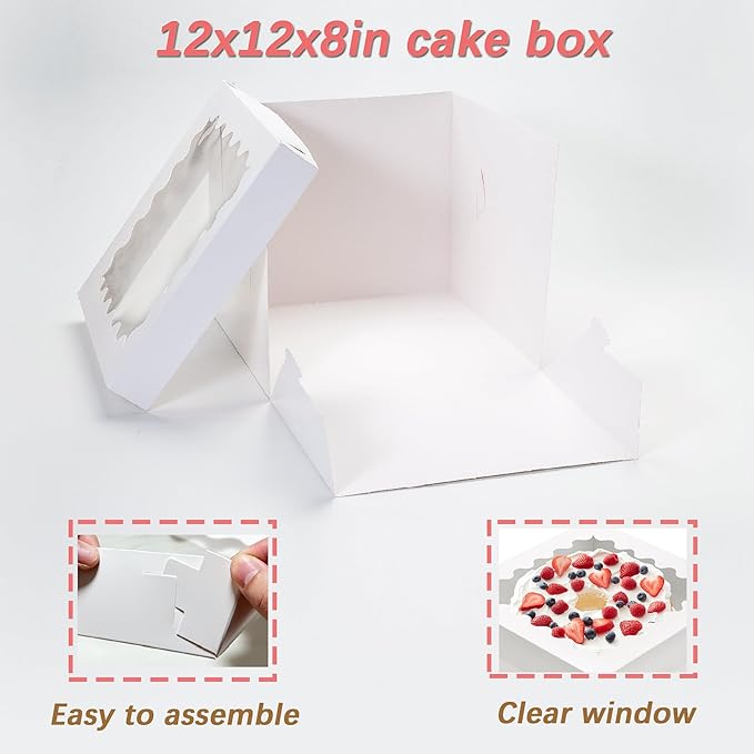10pcs Cake Boxes 12 Inch, 12x12x8in White Bakery Boxes with Window,10in 12in Tall Cake Boxes, Large Baking Boxes,Disposable Cake Containers with Lids