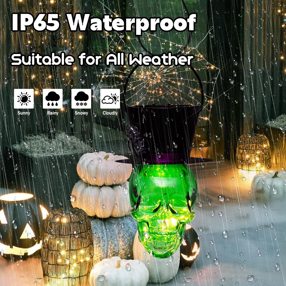 Halloween Skull Decor Hanging Solar Lanterns Lights Decorations Scary Glass Ornaments For Party Garden Porch Yard Patio Lawn (Green)