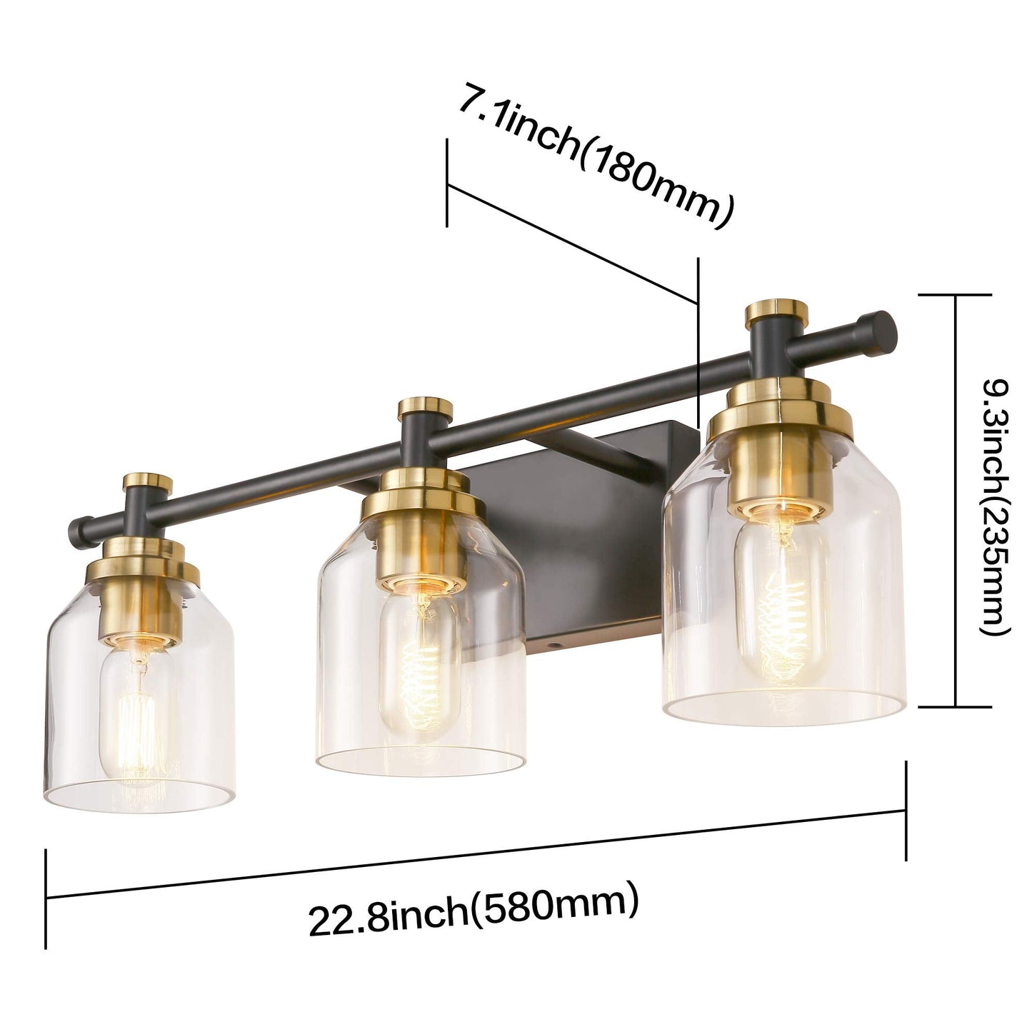 SOLFART Vintage 3-Light Bathroom Vanity Light Fixture, Glass Shade, Black and Brass, Model 7900