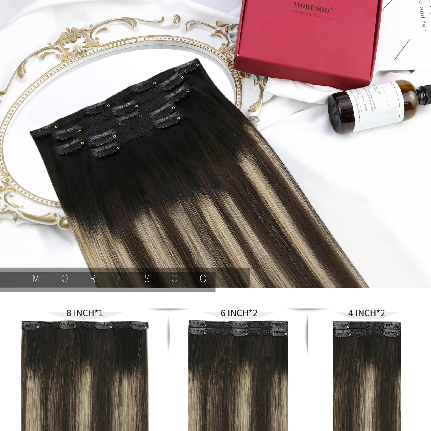 Moresoo Clip in Hair Extensions Real Human Hair Balayage Remy Human Hair Clip in Extensions Ombre Black to Brown with Caramel Bl