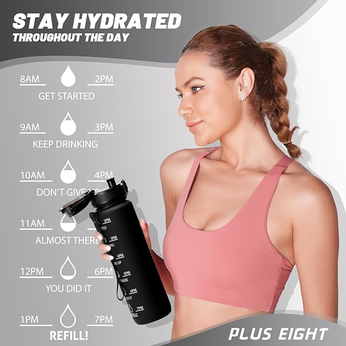 Sports Water Bottle, 32 oz Motivational Water Bottles with Time Marker to Drink, Leak-Proof Tritan BPA-Free with Carrying Strap for Women Men Gym Fitness Outdoor (Black Matte)