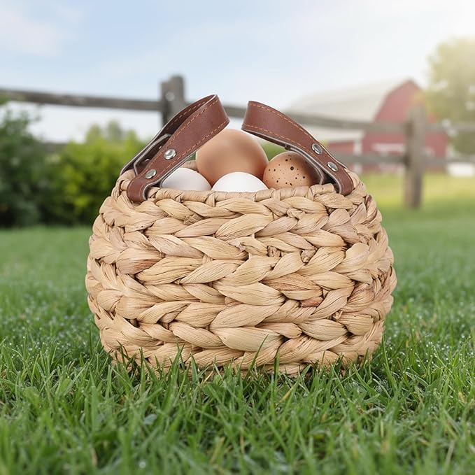 Farmhouse Egg Basket, Water Hyacinth Egg Collecting Basket,Round Wicker Basket with Handle,Large Capacity and Carrying Fresh Eggs,Egg Holder Countertop Cottage Decor for Kitchen