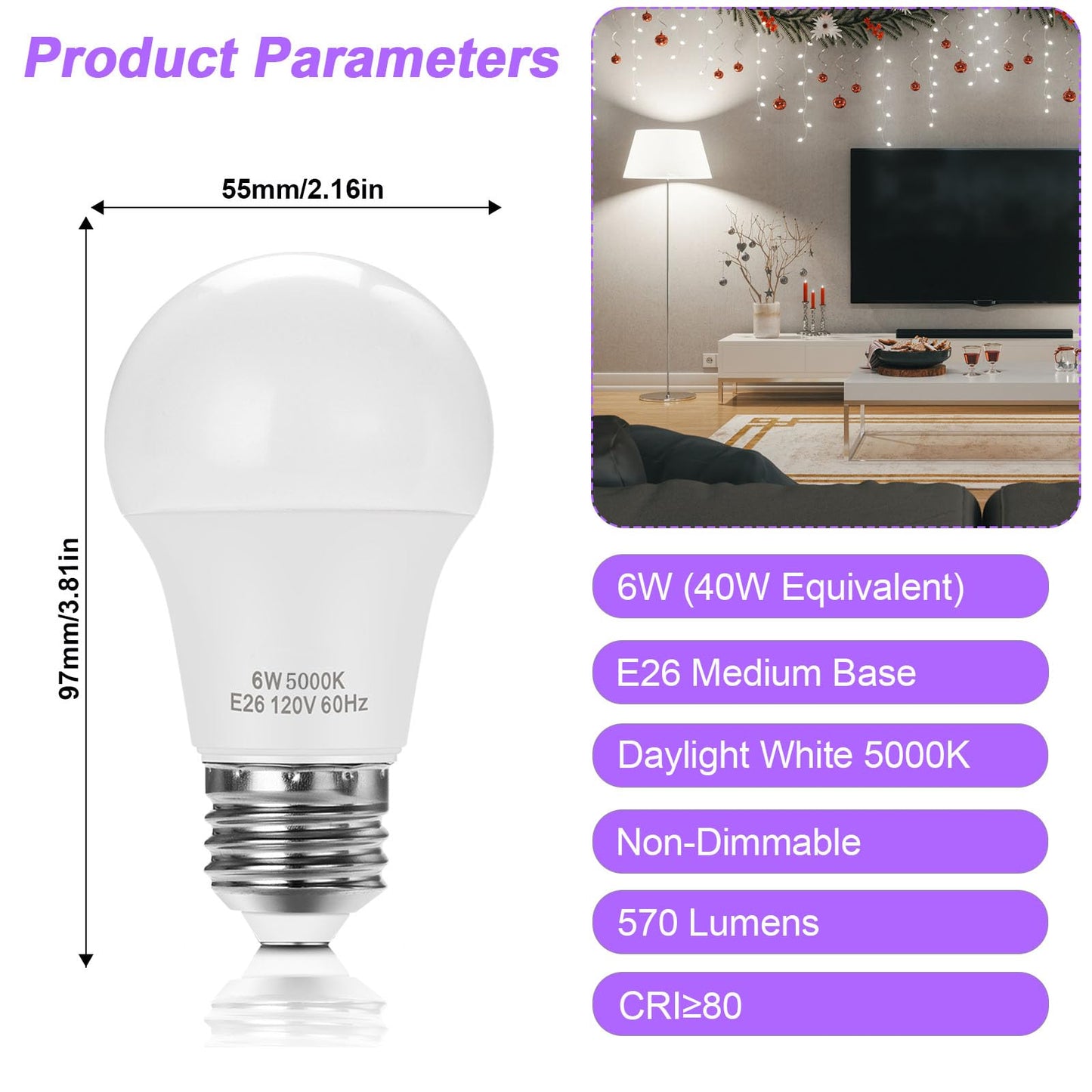 Upwatt E26 Led Light Bulbs  A15 6W (40W Equivalent)  Daylight White 5000K  Non-Dimmable Medium Base Bulbs For Home Lighting  4 Pack