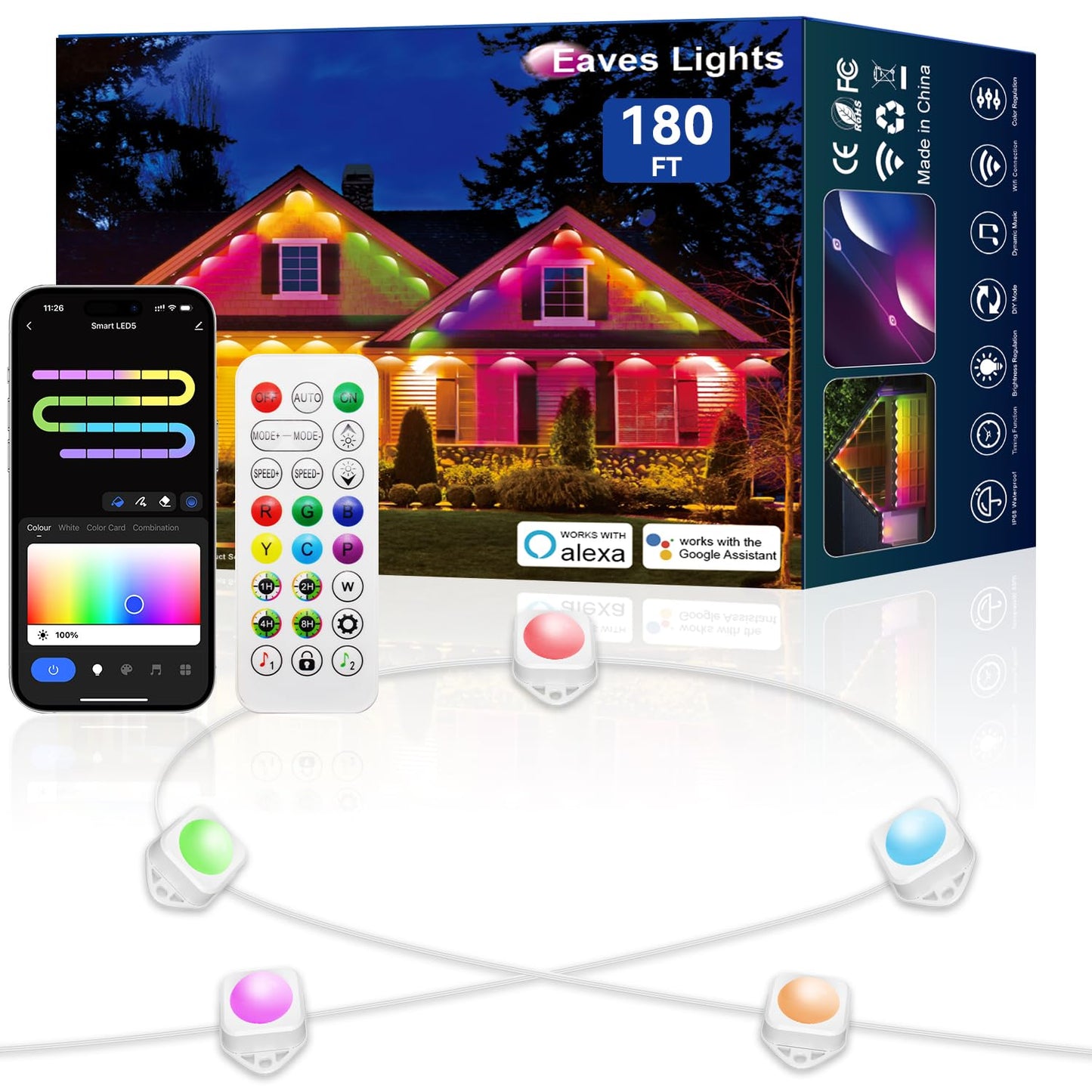 Lemonlovely Permanent Outdoor Lights Pro  180Ft With 132 Ic+Rgbcw Smart Led Eaves Christmas Lights For Daily Decoration  Ip67 Waterproof For Outside Xmas Halloween House Roof Lighting  White