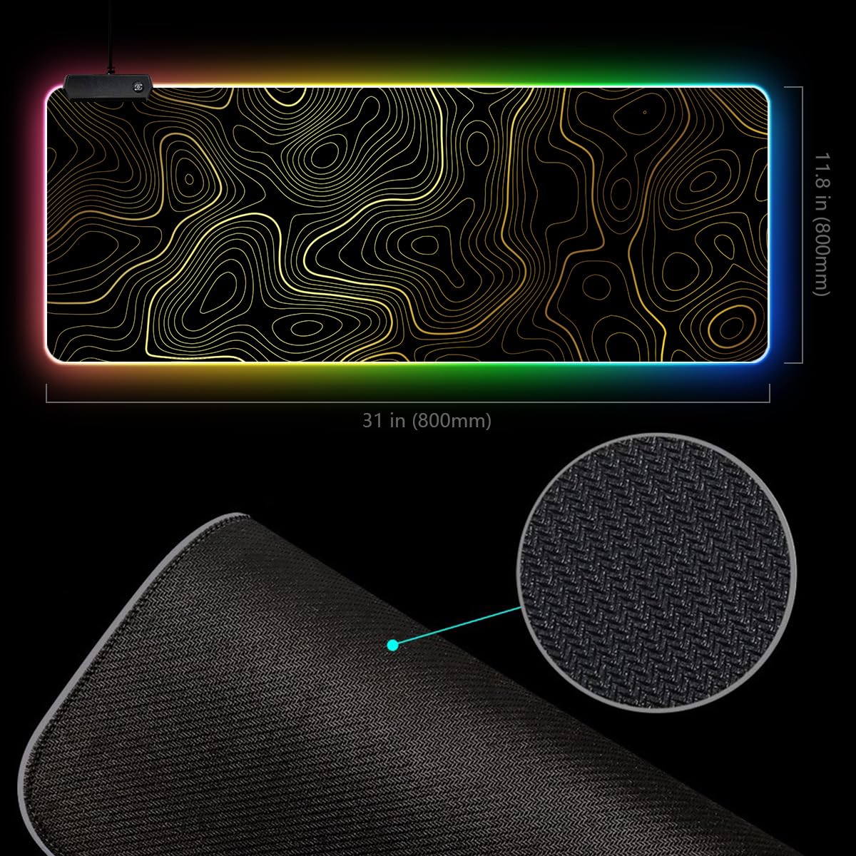 RGB Mouse Pad LED Desk Mat Large Gaming Mousepad Black and Gold Line Design, Keyboard Pad XL Mouse Mat for Home and Office (Black with Gold Topographic Line)