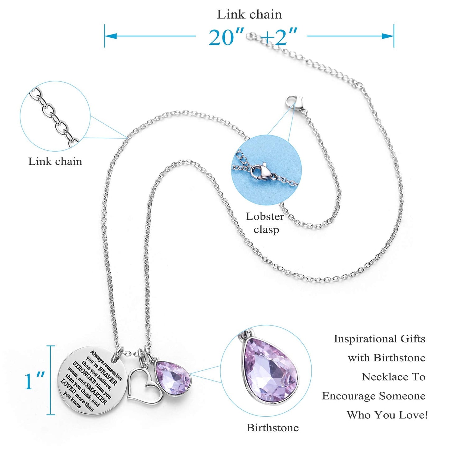 LParkin You are Braver Than You Believe Awareness Necklace Birthstone Graduation Gift Best Friend Encouragement Gifts