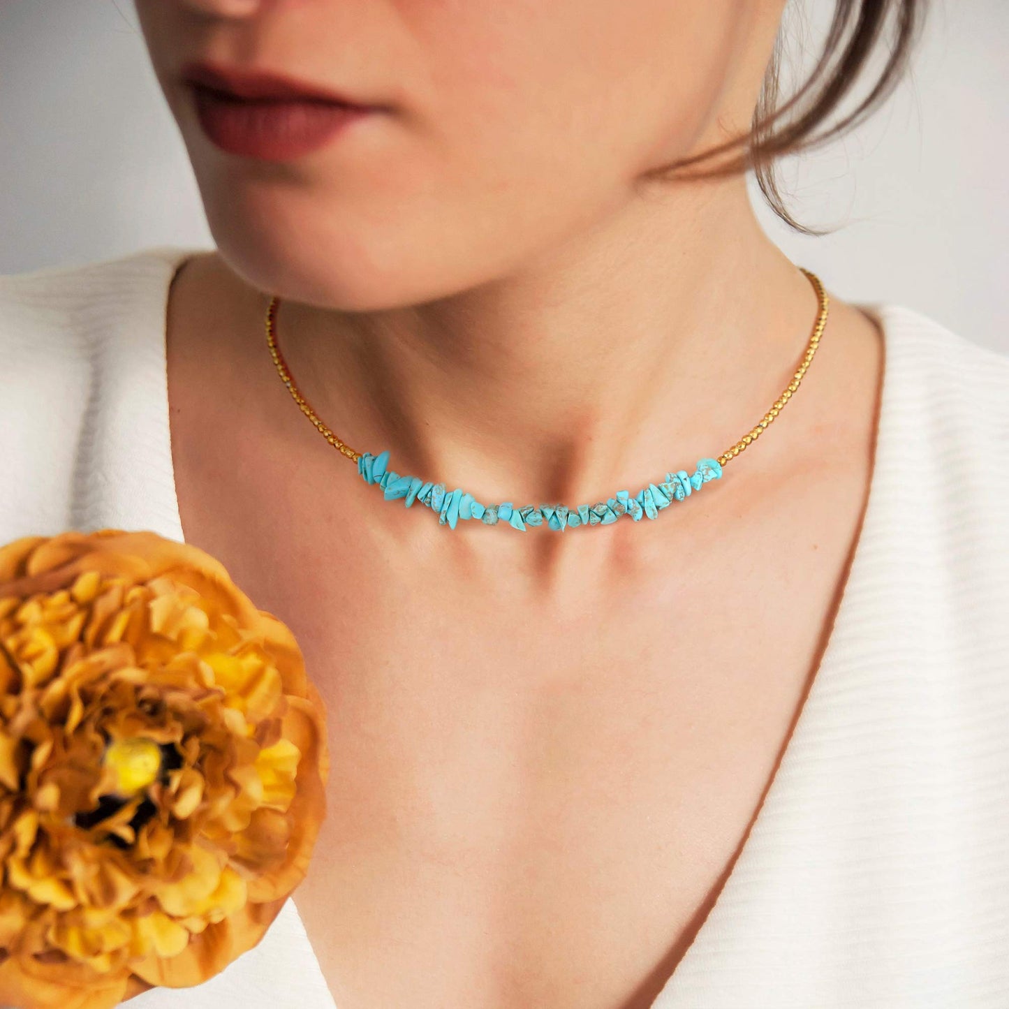 Aobei Pearl Turquoise Bar Necklace Choker Gold Hematite Beaded Tiny Dainty Minimalist Jewelry for Women 15