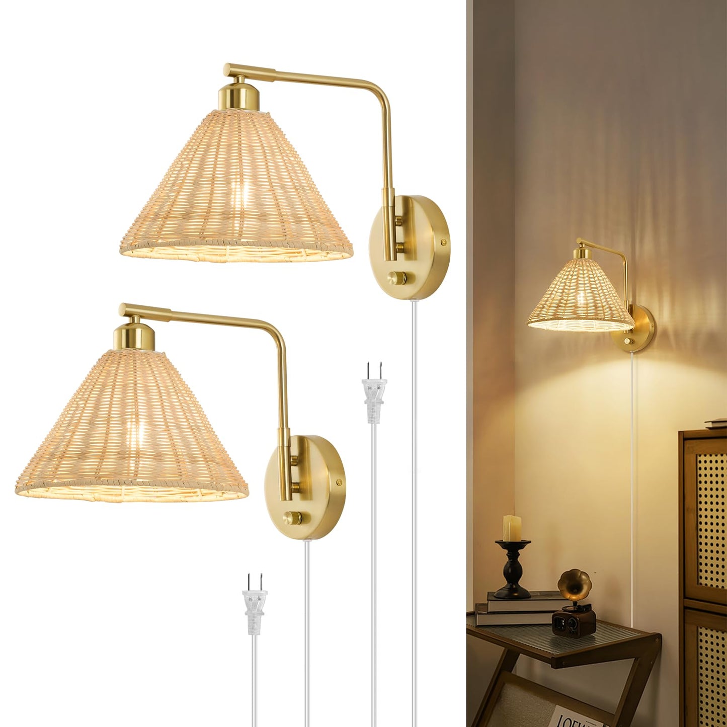 Weaboopre Rattan Plug In Wall Sconce Set Of 2  Gold Wall Lamps With Plug In Cord And Dimmer  Hand Woven Boho Sconces Swing Arm Wall Mount Light Fixture Beside Lighting For Bedroom  Living Room