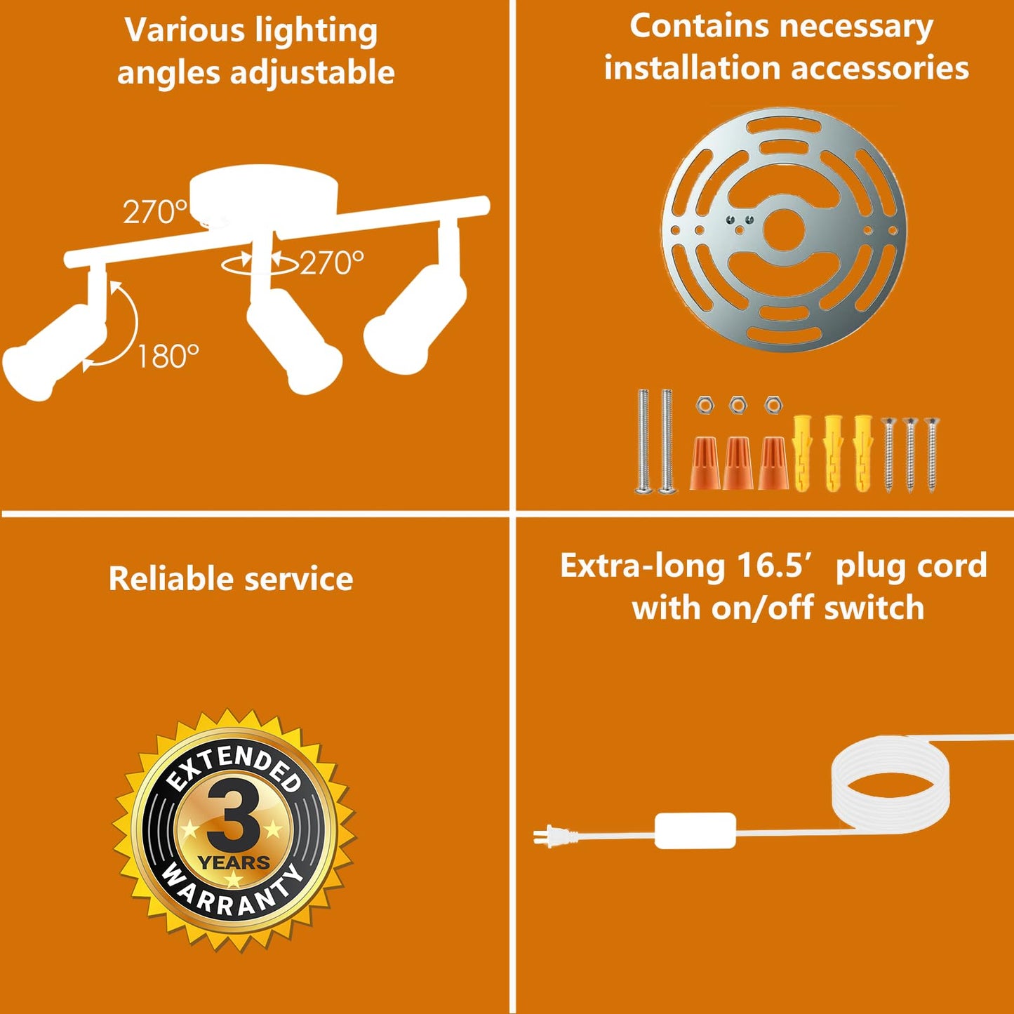 Vivihobb Plug In Track Light White 3 Light Plug In Ceiling Lighting Fixture With 16.4 Long Cord 3 Way Ceiling Spotlight Rotatable Wall Mount Light Head