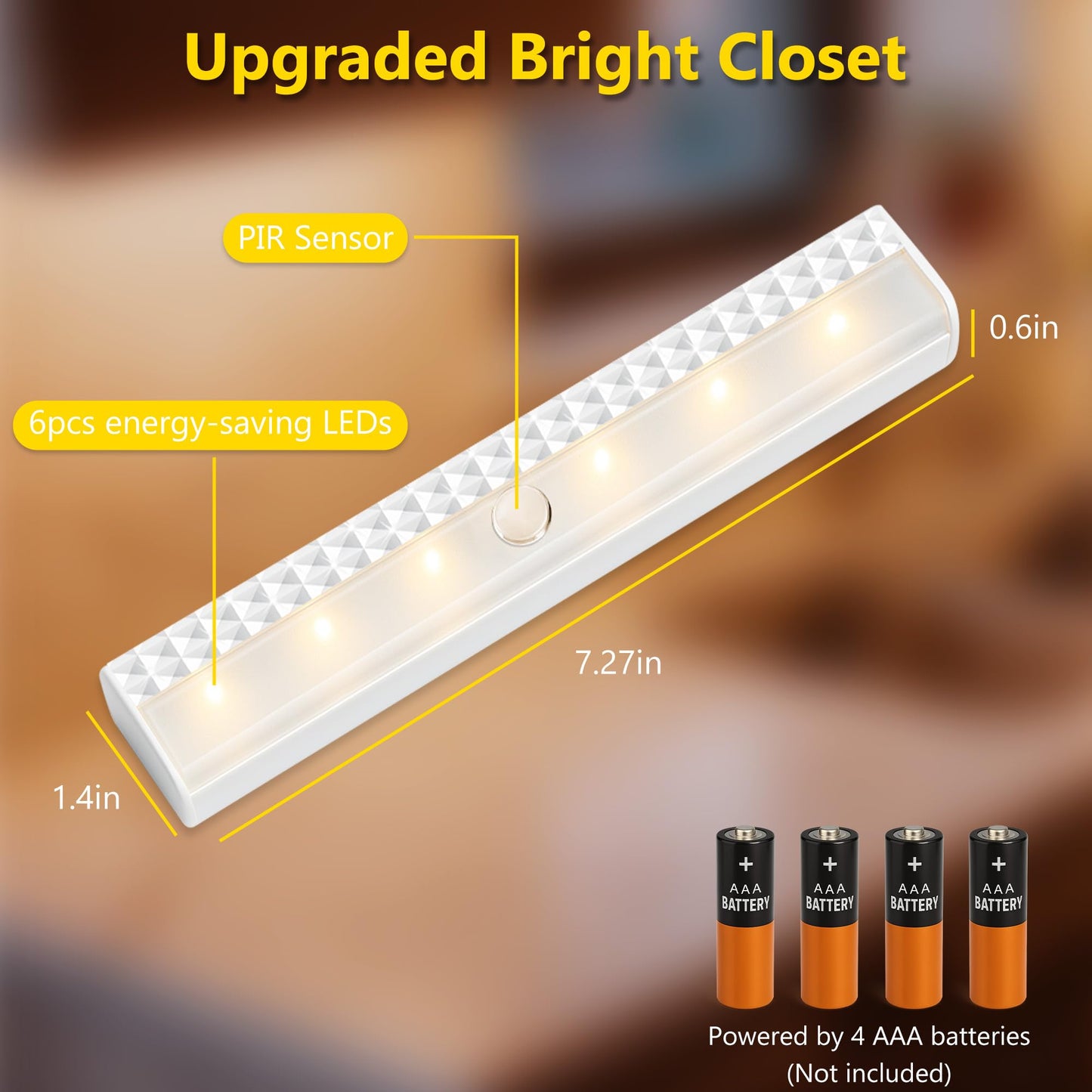 holoith Motion Sensor Closet Lights 4-Pack, Battery Powered, 3000K Warm White, Magnetic, Plastic, 45 Lumen, for Cabinet, Stair, Wardrobe