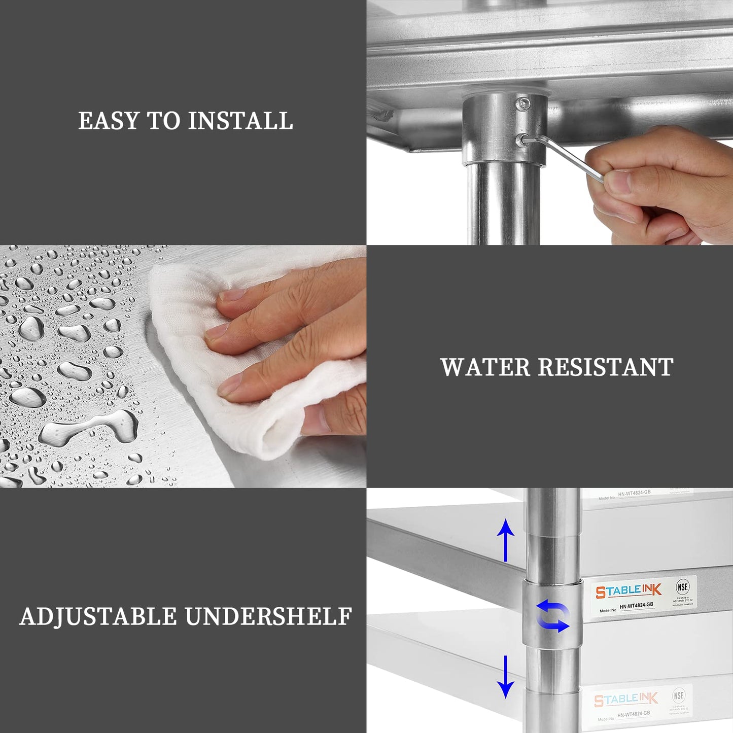 STABLEINK Stainless Steel Table with Wheels 24 x 48 Inches 4ft, NSF Commercial Prep & Workbench with Adjustable Undershelf, for Commercial Kitchen, Restaurant, Laundry, Hotel and Garage